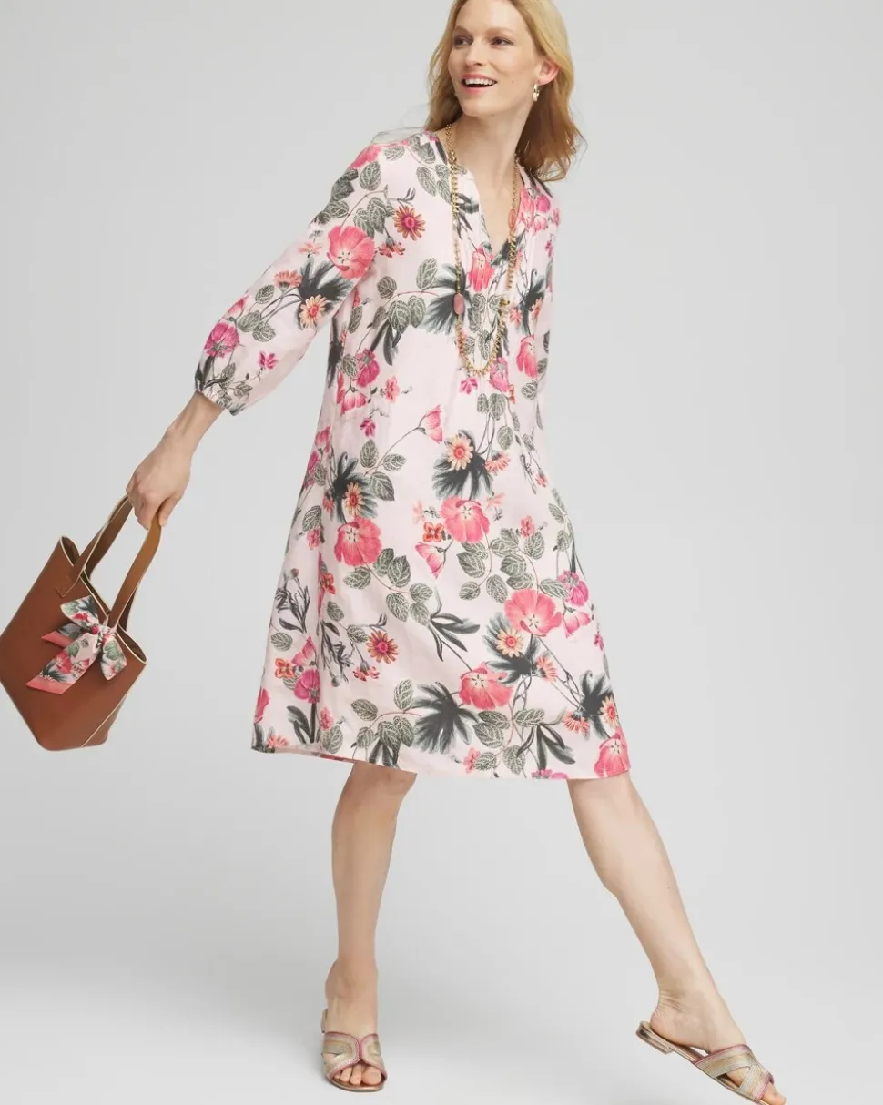 Floral Linen Pintuck 3/4 Sleeved Dress