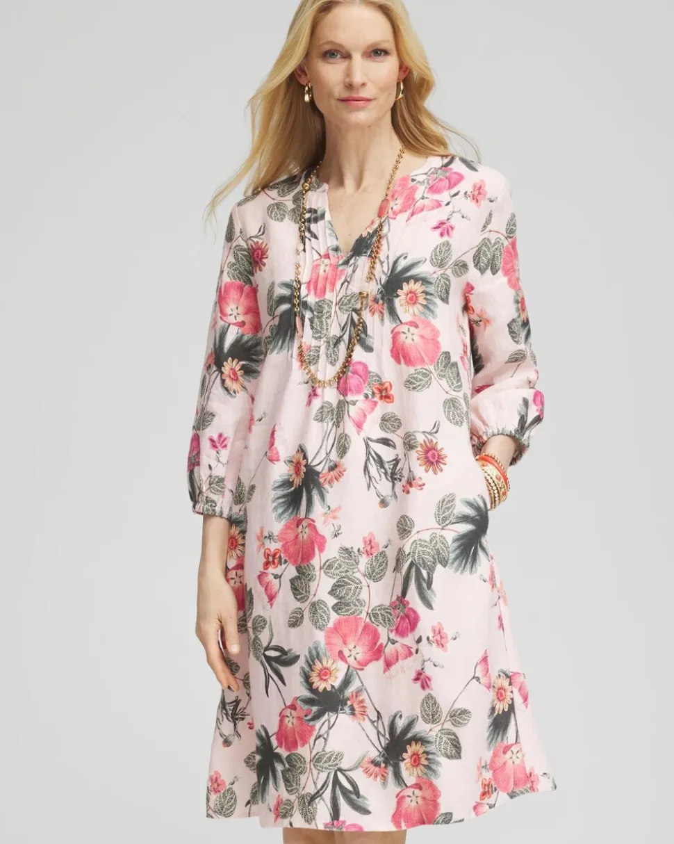 Floral Linen Pintuck 3/4 Sleeved Dress