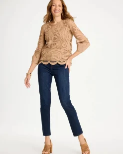 Floral-Motif Mesh 3/4 Sleeve Top