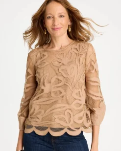 Floral-Motif Mesh 3/4 Sleeve Top