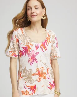 Floral Print Crochet-Trim Pullover Sweater