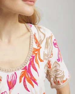 Floral Print Crochet-Trim Pullover Sweater