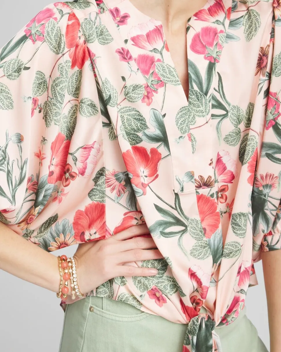 Floral Satin Tie-Front Pullover Top