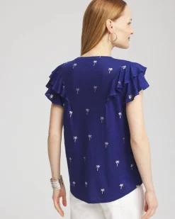 Foiled Flutter-Sleeve Linen Tee