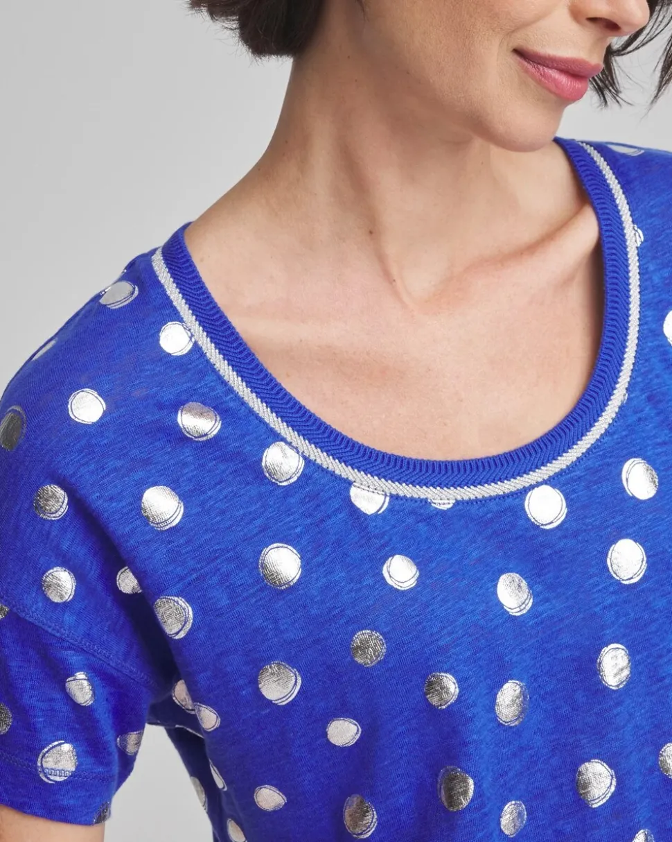 Foiled Polka-Dot Sweater-Trim Linen Tee