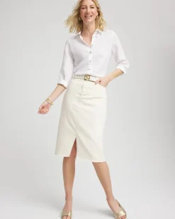 Frayed High-Rise Midi Stretch Denim Skirt