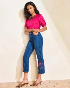 Girlfriend Tropical Soutache Flared Crop Jeans