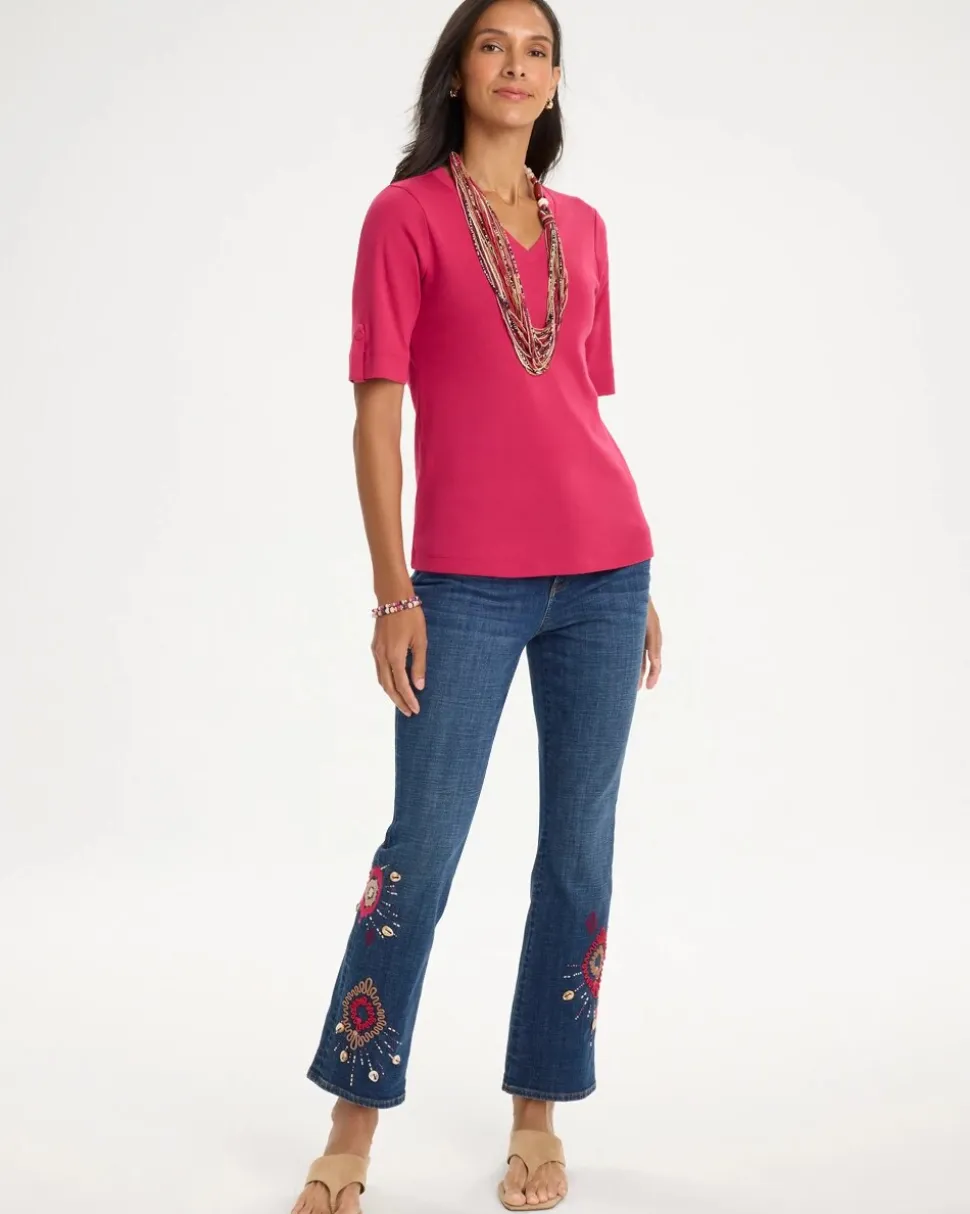 Girlfriend Tropical Soutache Flared Crop Jeans