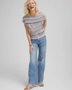 Heather Striped Short-Sleeve Pullover Sweater
