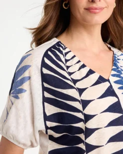Leaf Print Linen Ruched V-Neck Tee