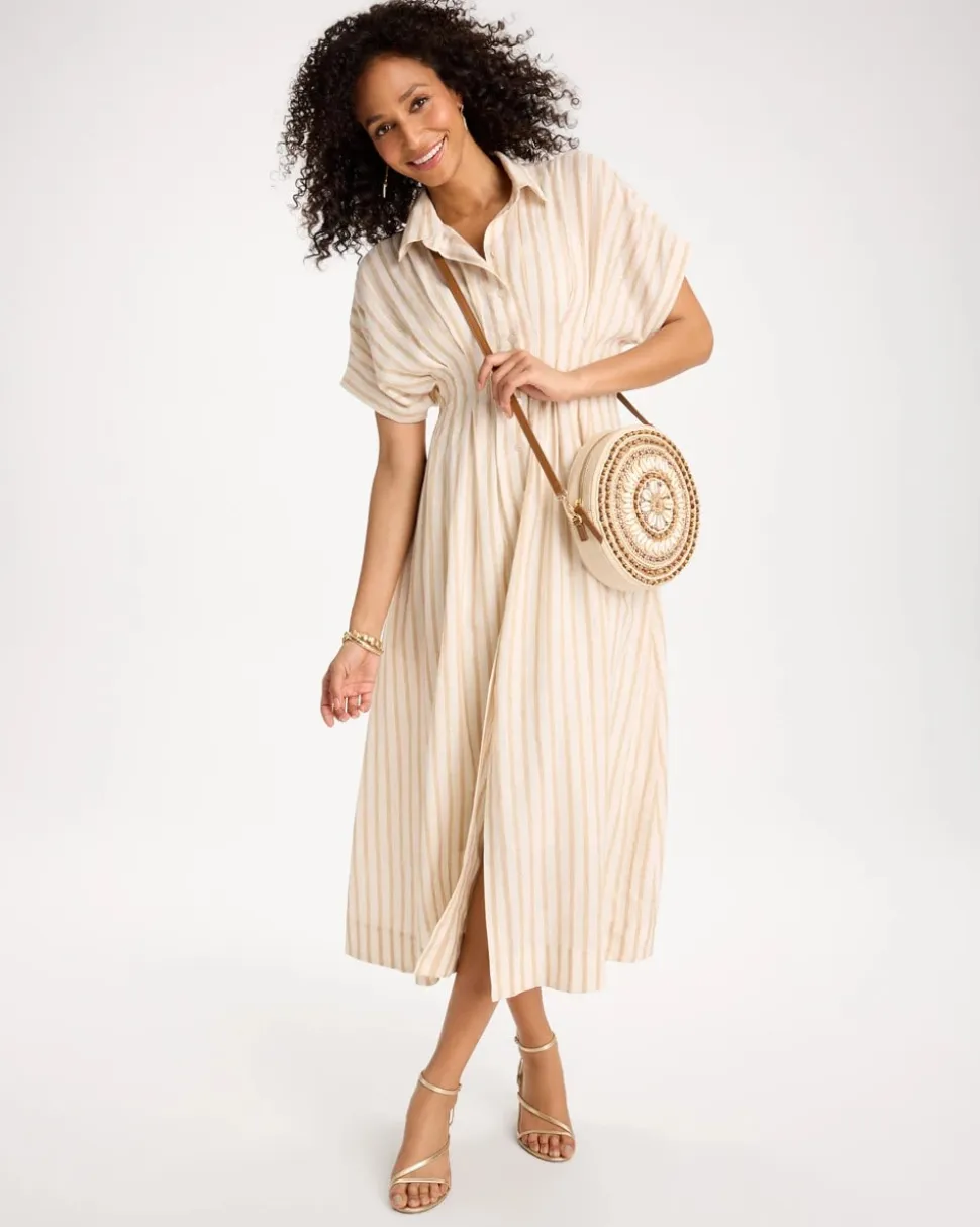 Linen-Blend Metallic Striped Dress