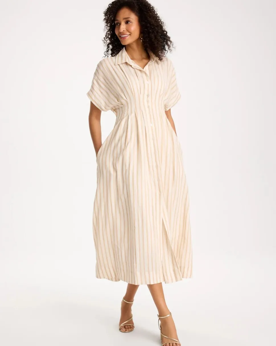 Linen-Blend Metallic Striped Dress