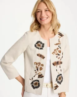 Linen Collarless Embroidered Jacket
