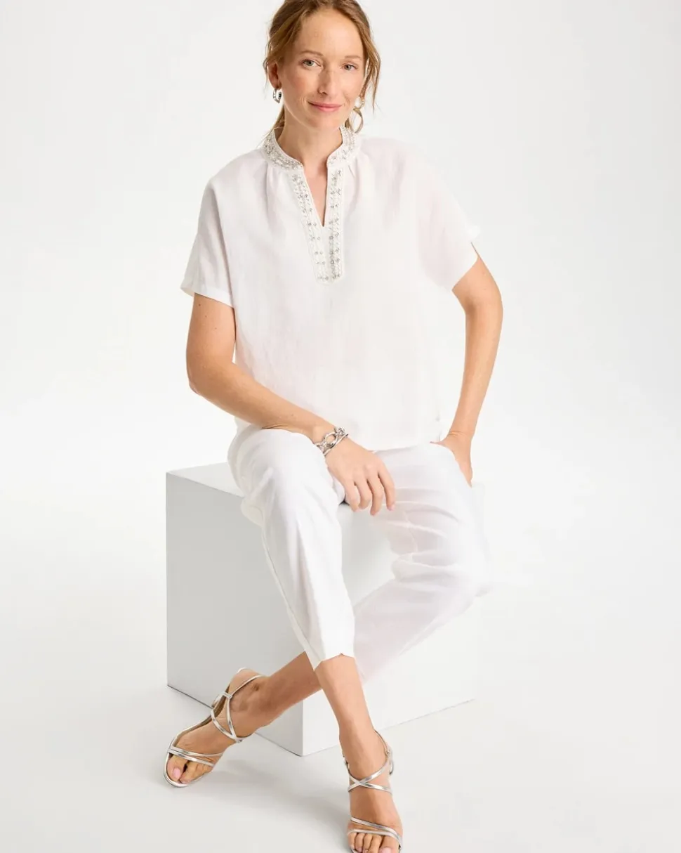 Linen Embellished Popover Top