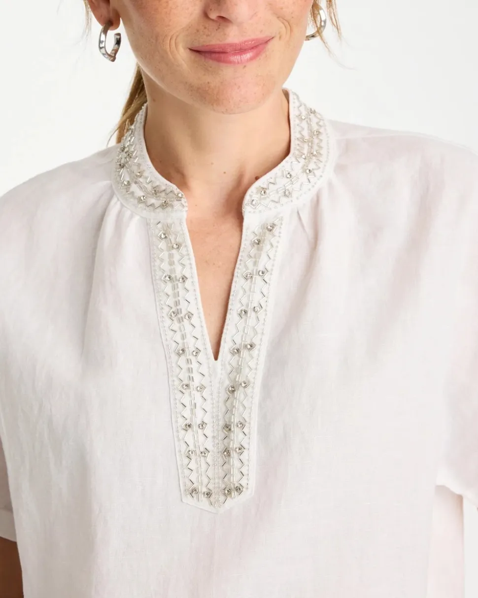Linen Embellished Popover Top