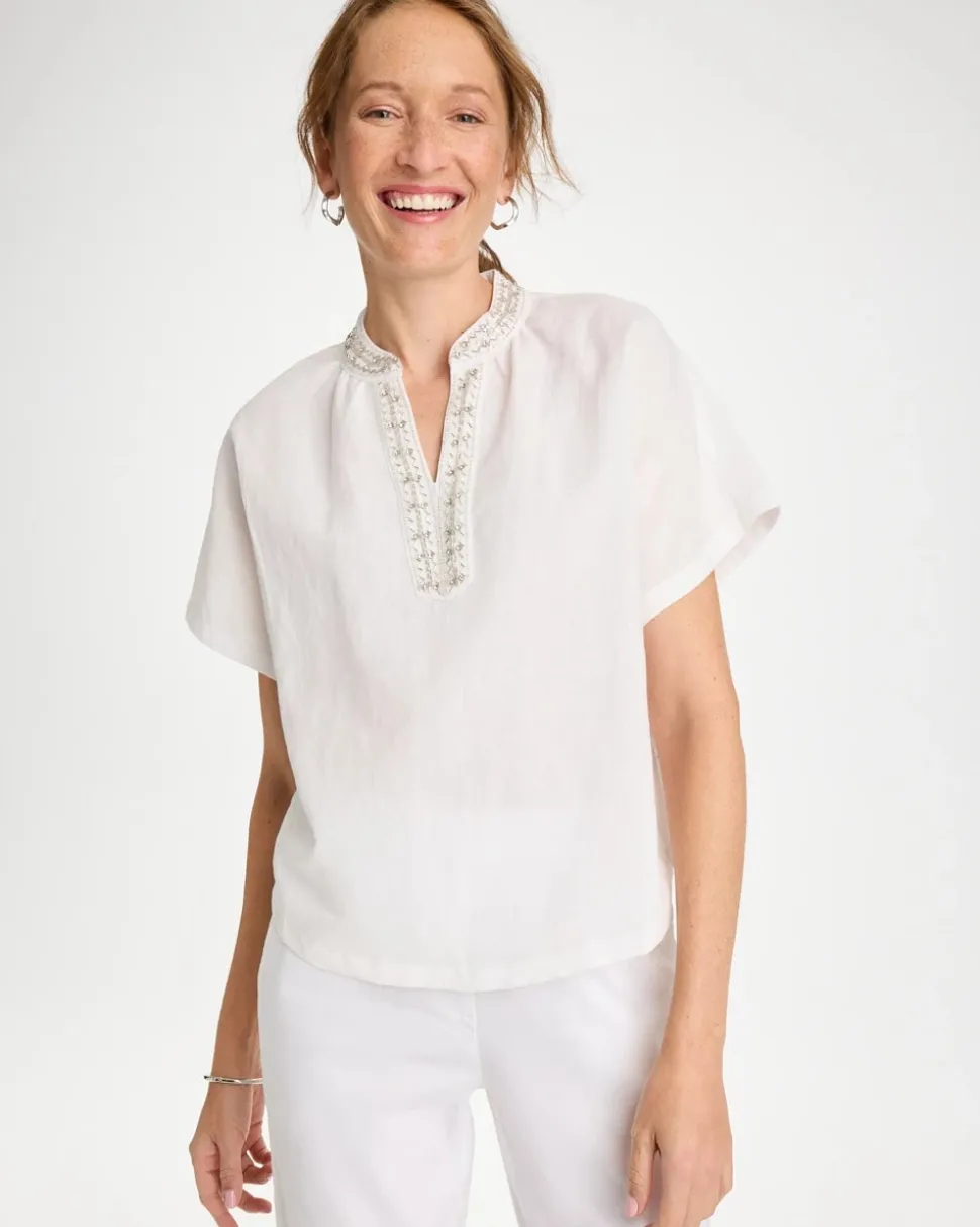 Linen Embellished Popover Top