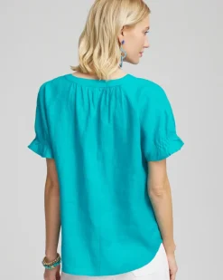 Linen Flutter-Sleeve Popover Top