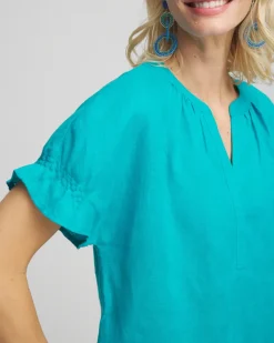 Linen Flutter-Sleeve Popover Top