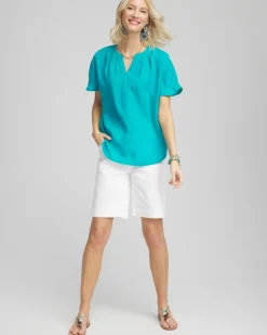 Linen Flutter-Sleeve Popover Top