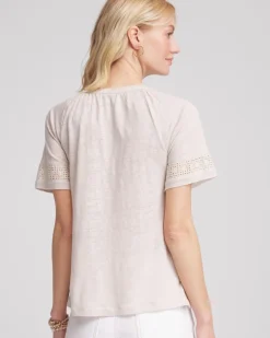 Linen Lace-Cutwork Sleeve Henley Tee