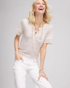Linen Lace-Cutwork Sleeve Henley Tee