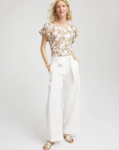 Linen Leaf Print Flutter Sleeve Tee