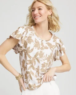 Linen Leaf Print Flutter Sleeve Tee