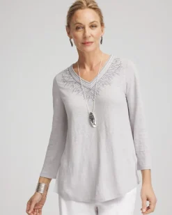 Linen Metallic Embroidered V-Neck Tunic