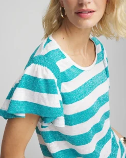 Linen Metallic Striped Flutter-Sleeve Tee