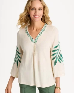 Linen Palm Embroidered Pleated Tee