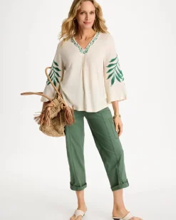 Linen Palm Embroidered Pleated Tee