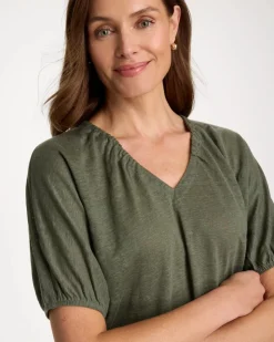 Linen Ruched V-Neck Tee