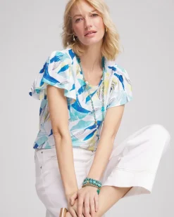 Linen Smocked Flutter-Sleeved Tee