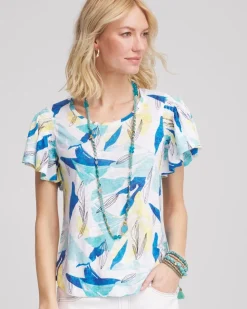 Linen Smocked Flutter-Sleeved Tee