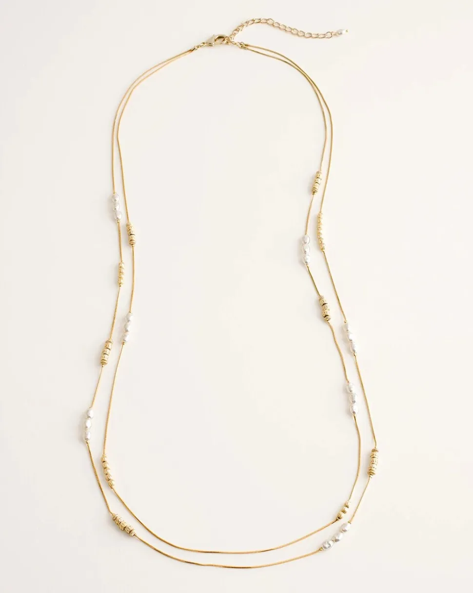 Long Faux-Pearl and Goldtone Double-Strand Necklace