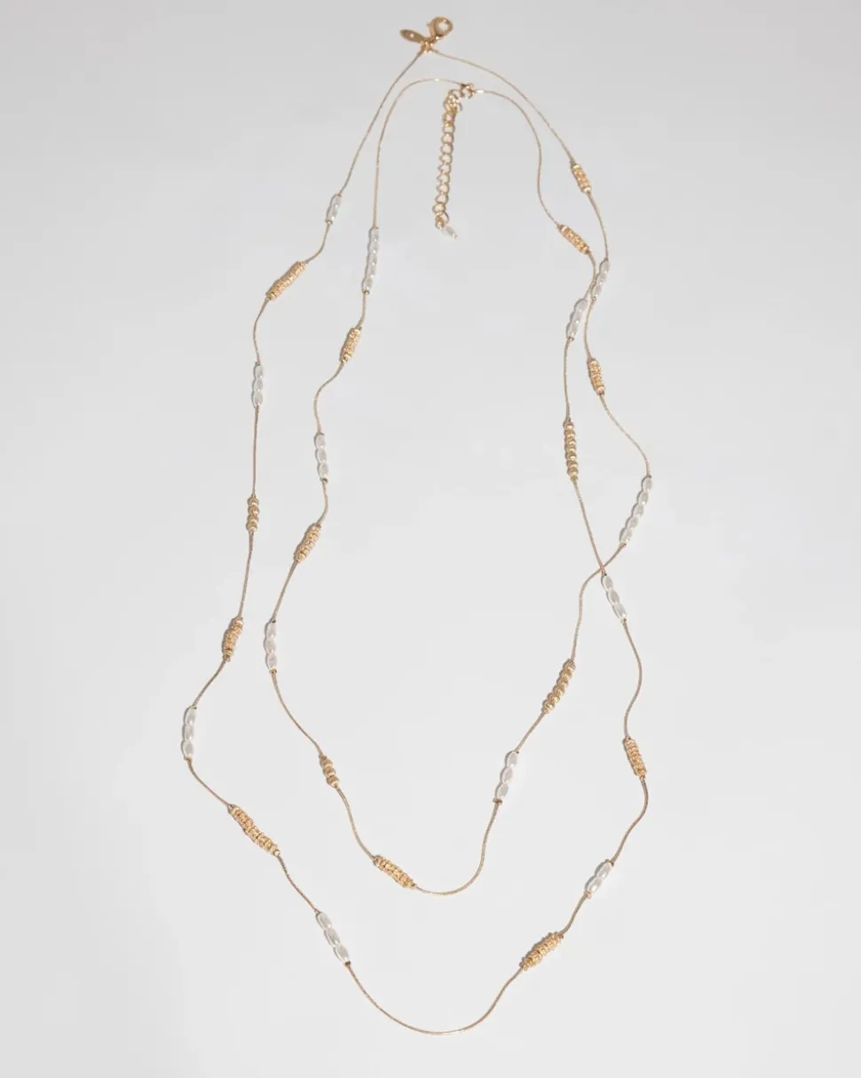 Long Faux-Pearl and Goldtone Double-Strand Necklace