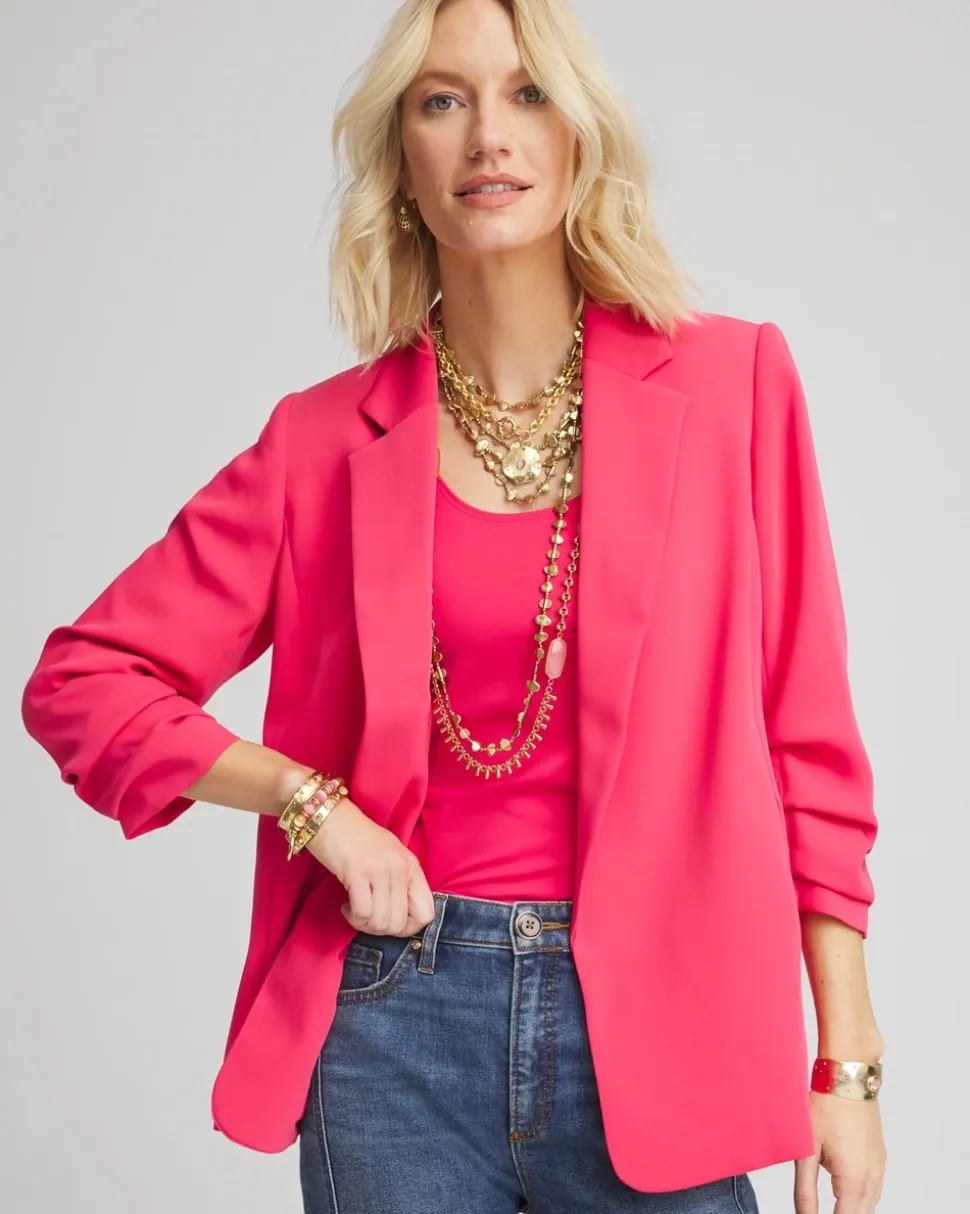Notched-Lapel Ruched Sleeve Blazer