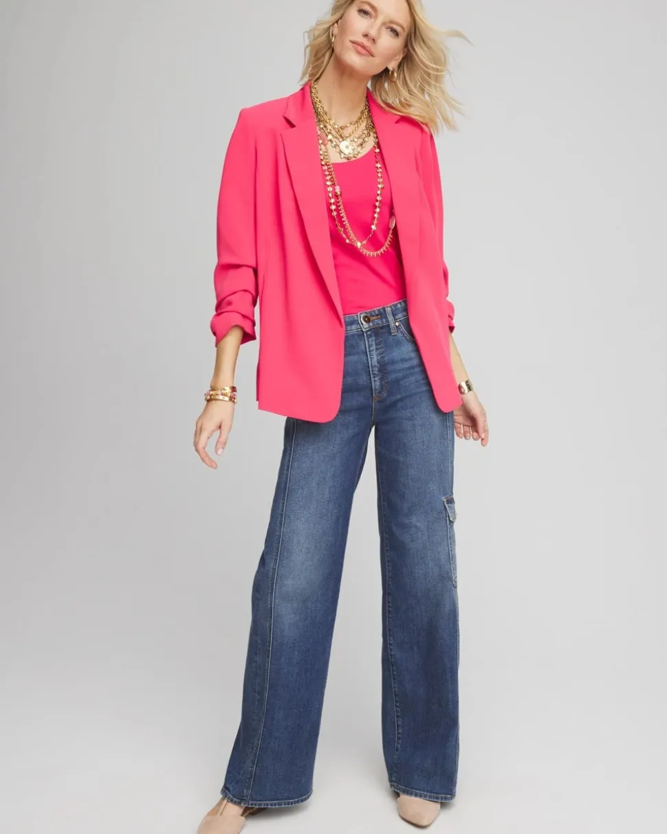 Notched-Lapel Ruched Sleeve Blazer