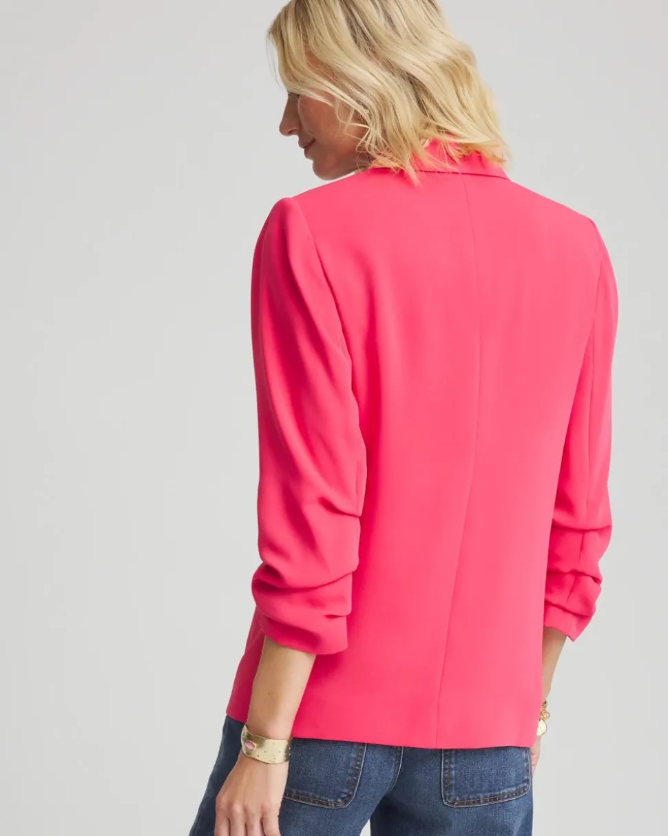 Notched-Lapel Ruched Sleeve Blazer