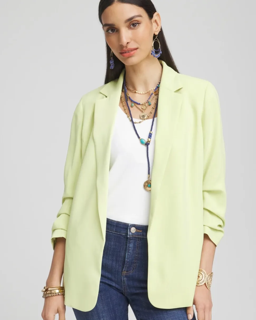 Notched-Lapel Ruched Sleeve Blazer