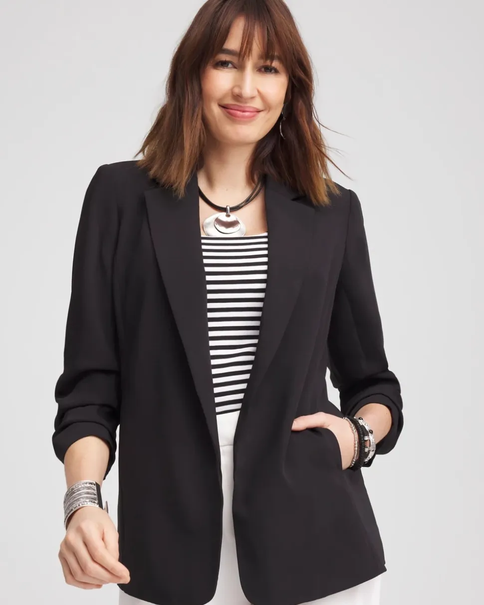 Notched-Lapel Ruched Sleeve Blazer