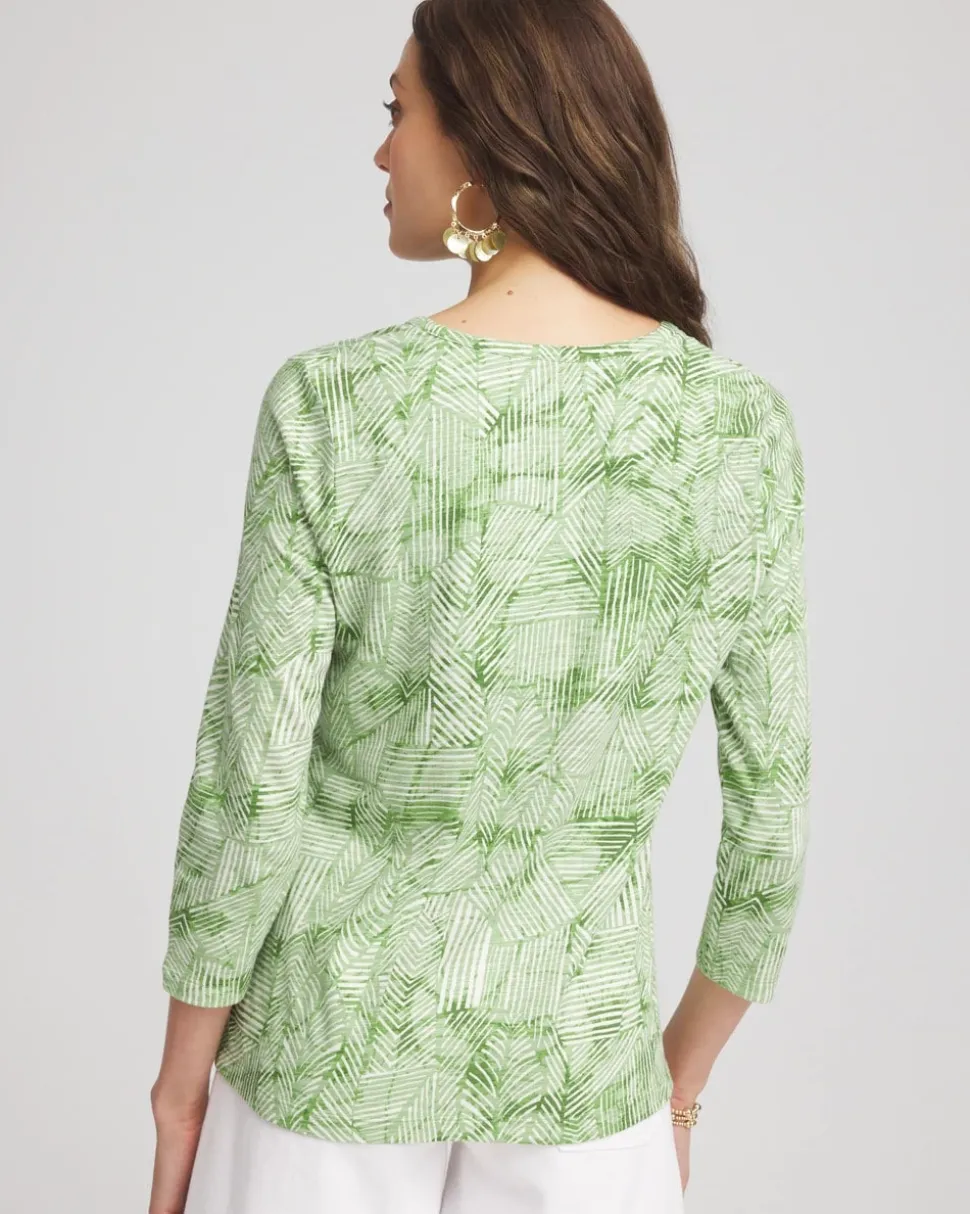 Palm-Frond-Motif Cotton Slub Henley Shirt