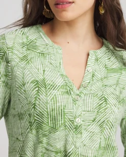 Palm-Frond-Motif Cotton Slub Henley Shirt