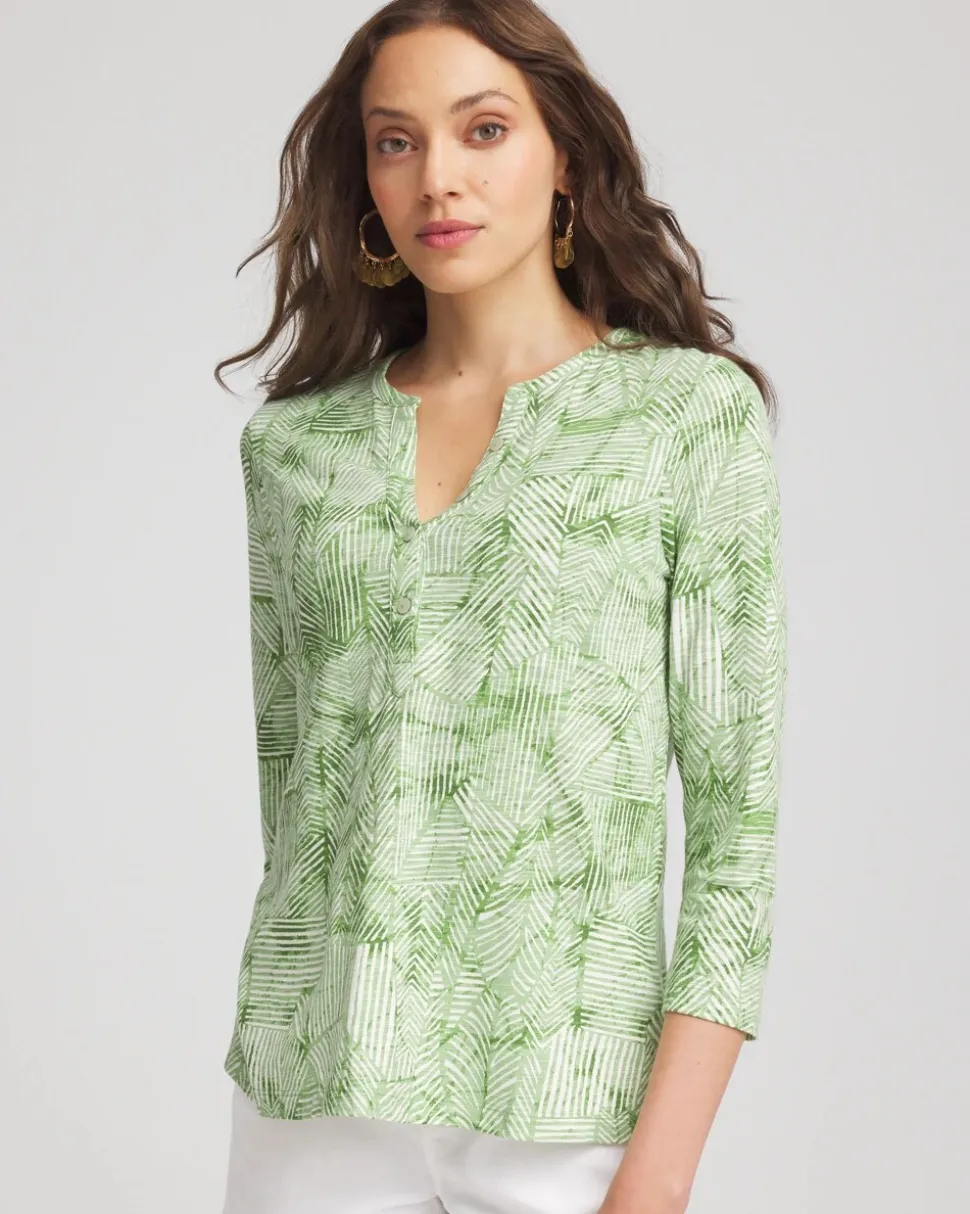 Palm-Frond-Motif Cotton Slub Henley Shirt