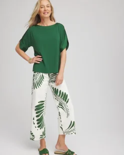 Palm-Frond-Motif Pull-On Wide-Leg Cropped Jeans