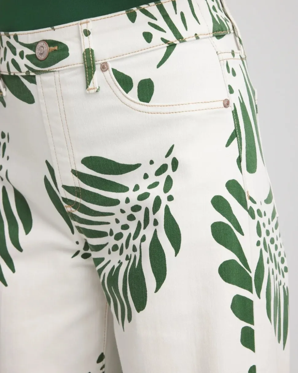 Palm-Frond-Motif Pull-On Wide-Leg Cropped Jeans