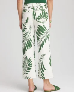 Palm-Frond-Motif Pull-On Wide-Leg Cropped Jeans