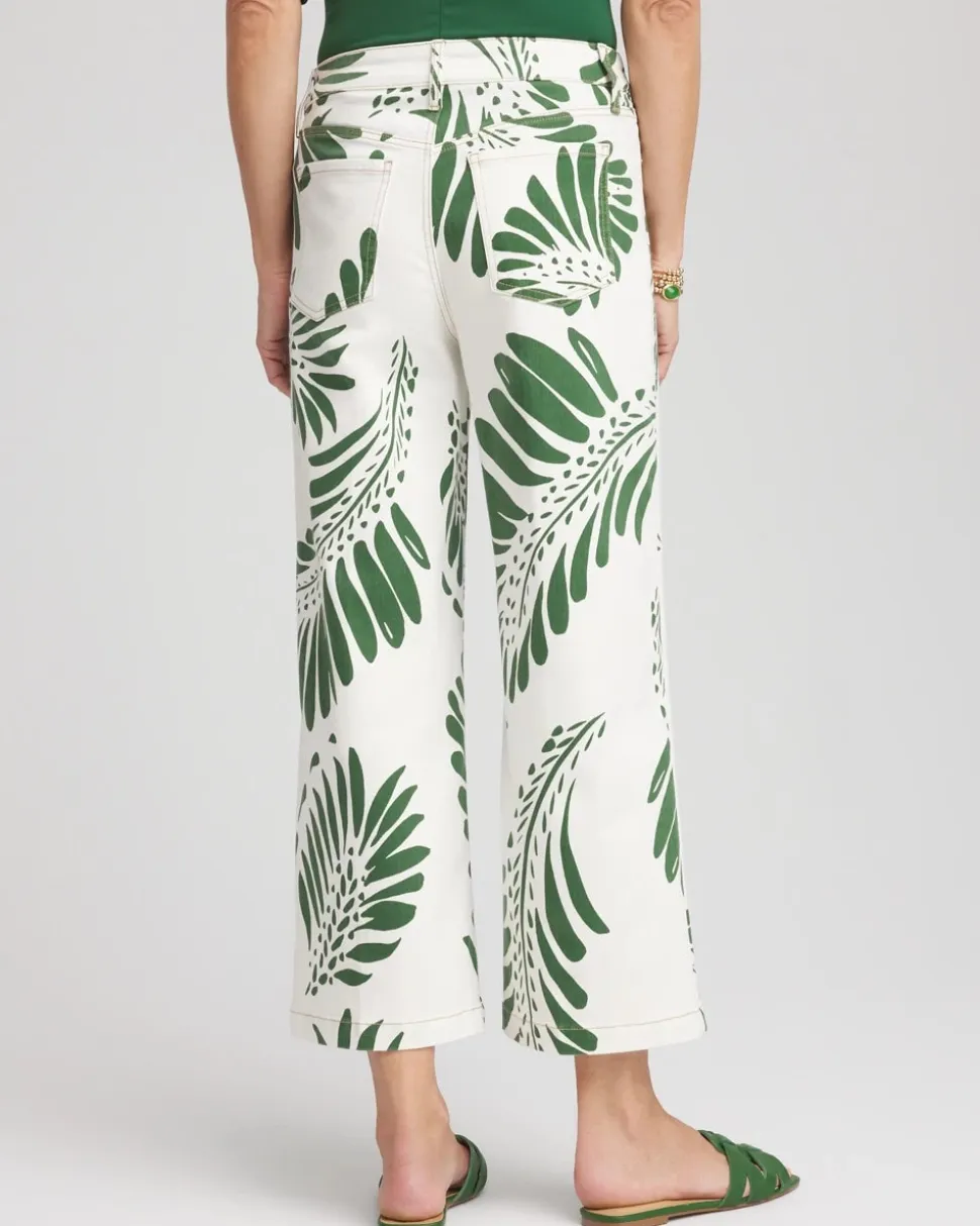 Palm-Frond-Motif Pull-On Wide-Leg Cropped Jeans