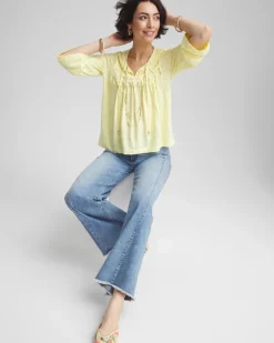 Pintuck Linen Notched-Neck Tee