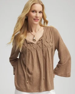Pintuck Linen Notched-Neck Tee